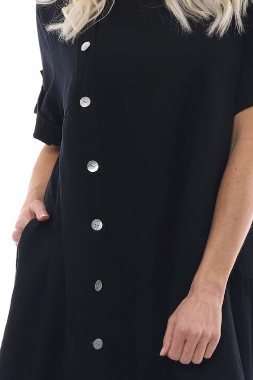 Nicola Washed Button Detail Linen Dress Black - Image 3