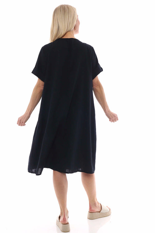 Nicola Washed Button Detail Linen Dress Black - Image 6