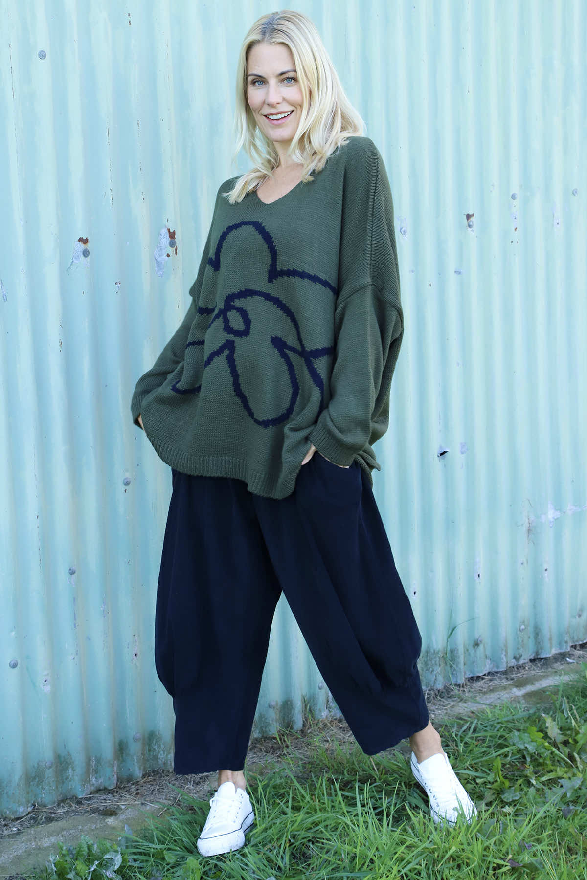 Roxanna Flower Knitted Jumper Khaki