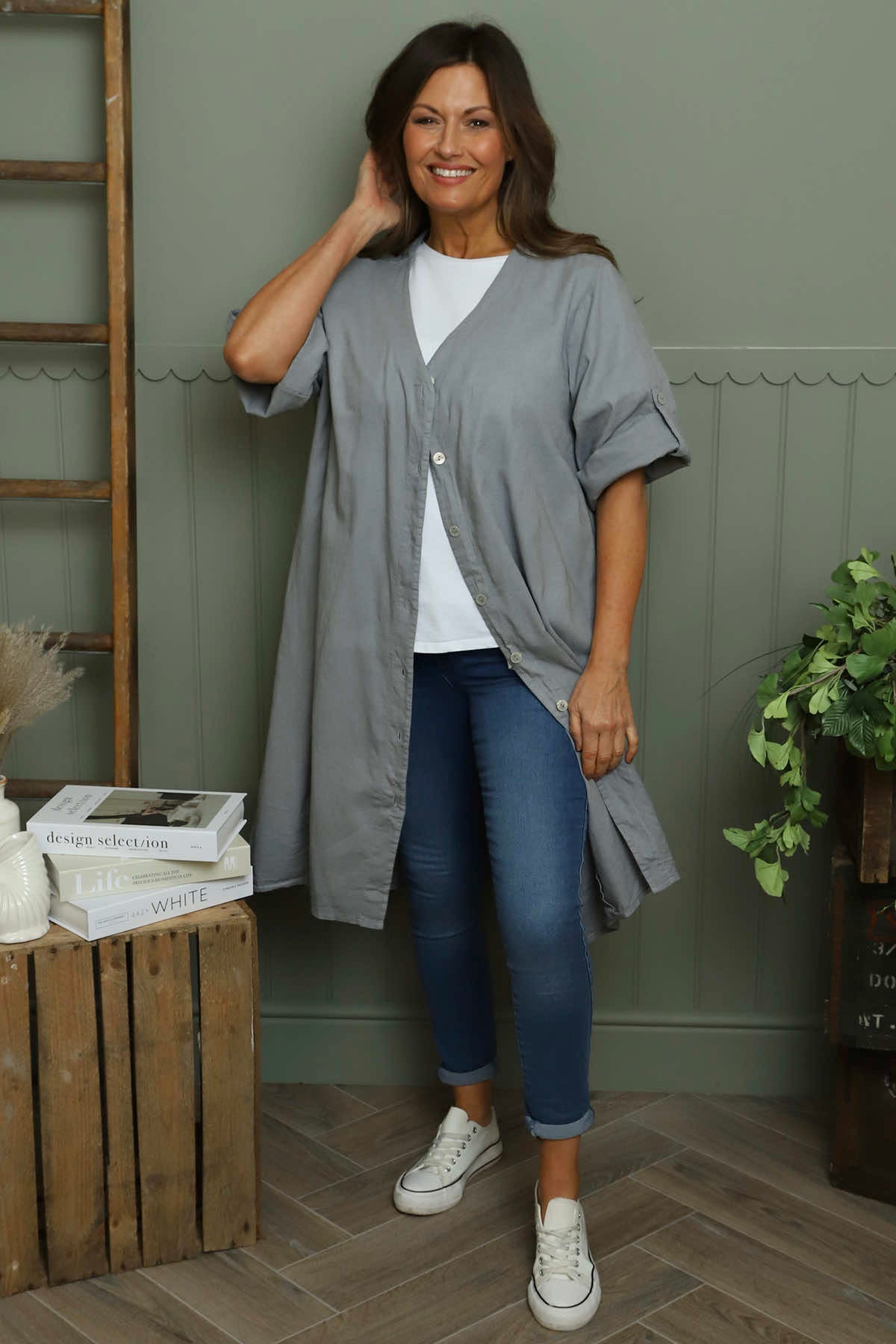 Alicia Button Linen Jacket Grey