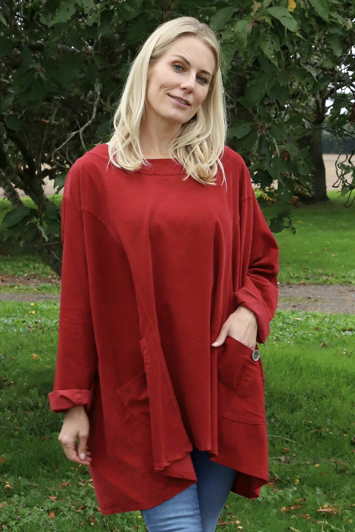 Shauna Button Pocket Needlecord Top Red