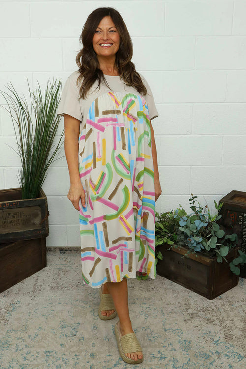 Ebony Print Cotton Dress Stone - Image 1