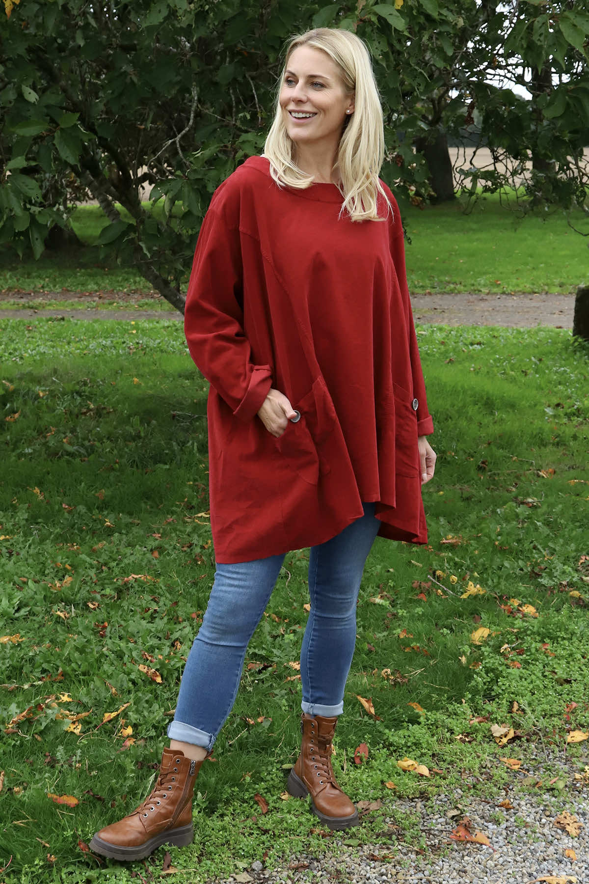 Shauna Button Pocket Needlecord Top Red