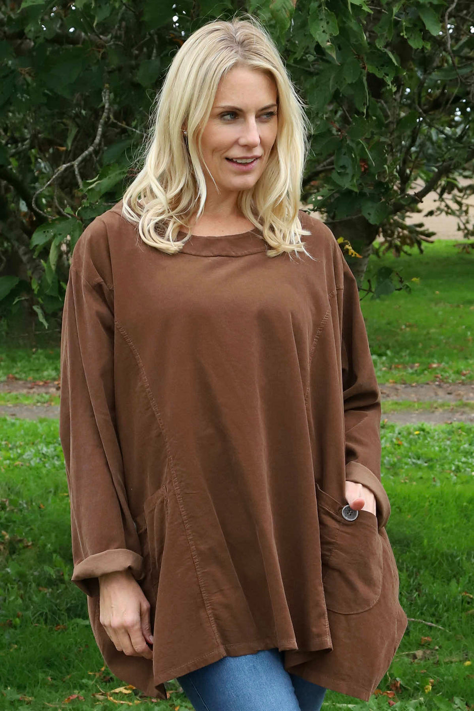 Shauna Button Pocket Needlecord Top Nutmeg