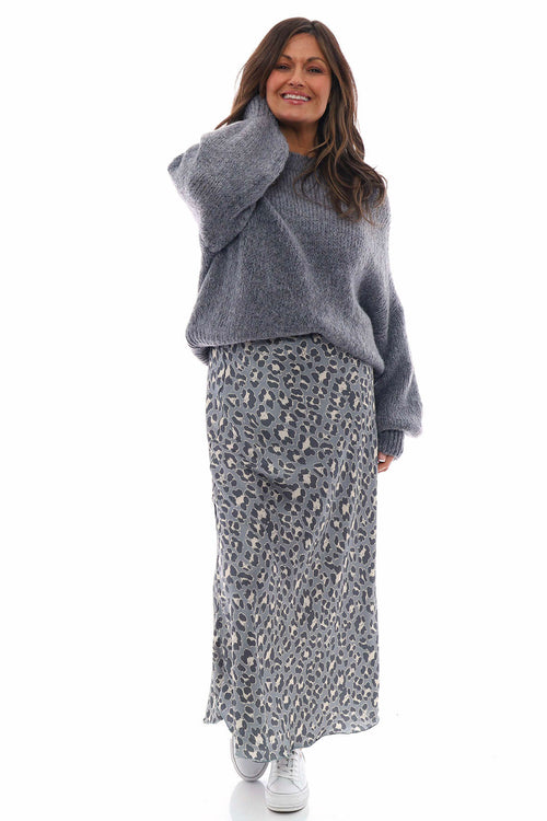 Leni Leopard Print Silky Skirt Mid Grey - Image 1
