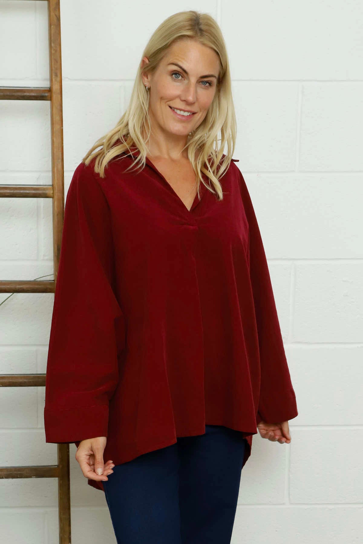 Marlena Collared Needlecord Top Wine