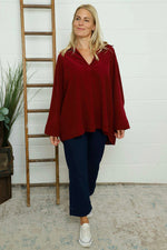 Marlena Collared Needlecord Top Wine Wine - Marlena Collared Needlecord Top Wine