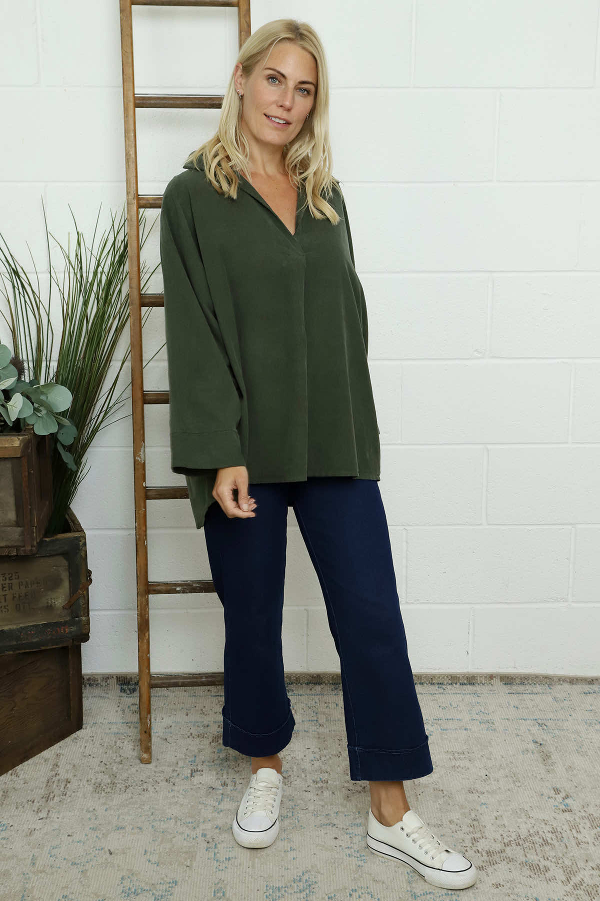 Marlena Collared Needlecord Top Khaki