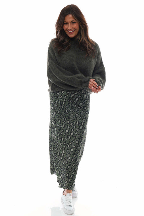 Leni Leopard Print Silky Skirt Khaki - Image 1