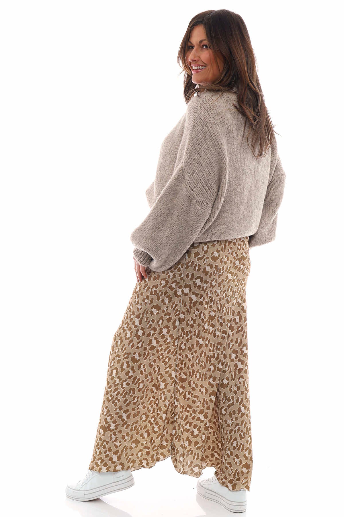 Leni Leopard Print Silky Skirt Camel
