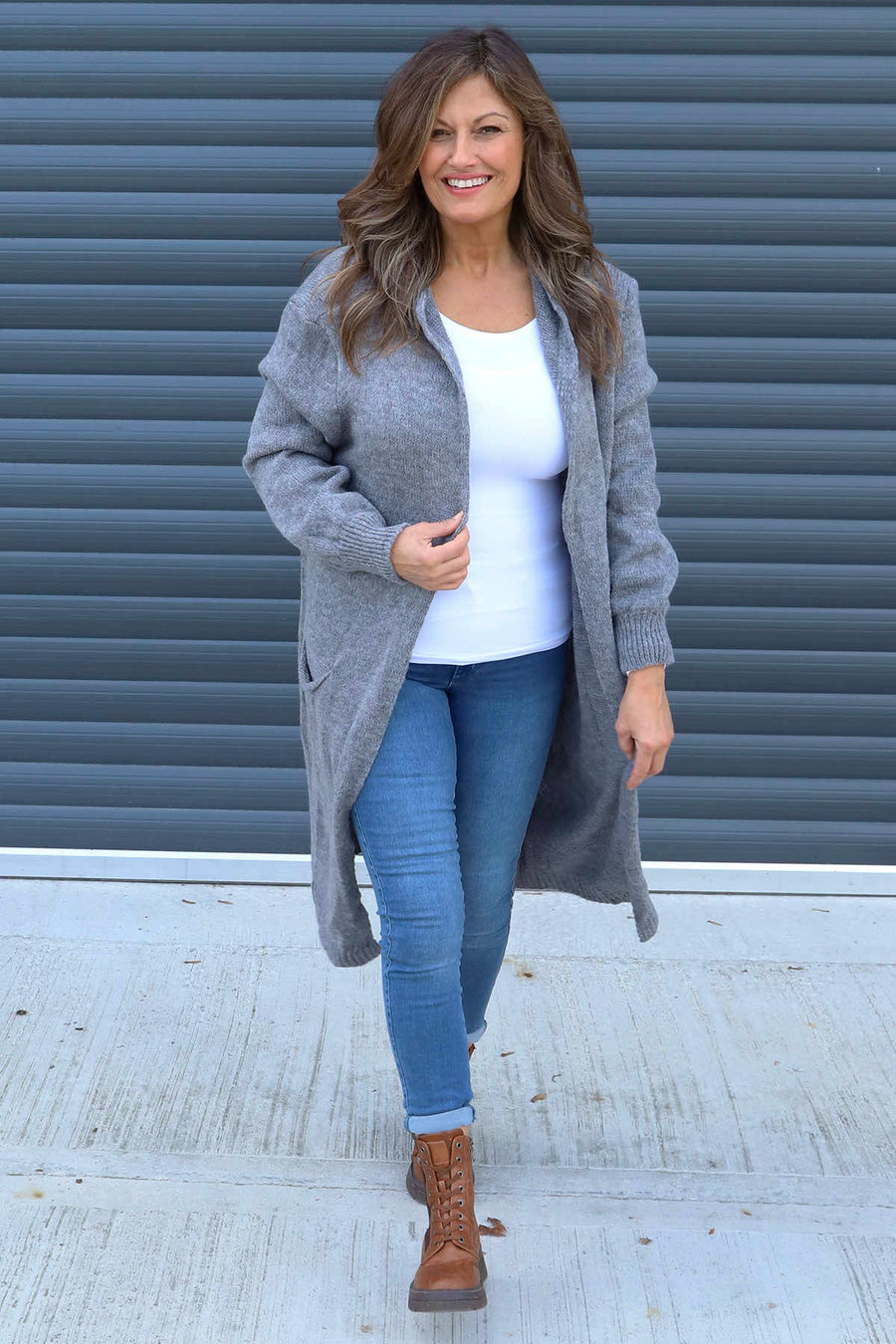 Nousha Hooded Knitted Cardigan Mid Grey