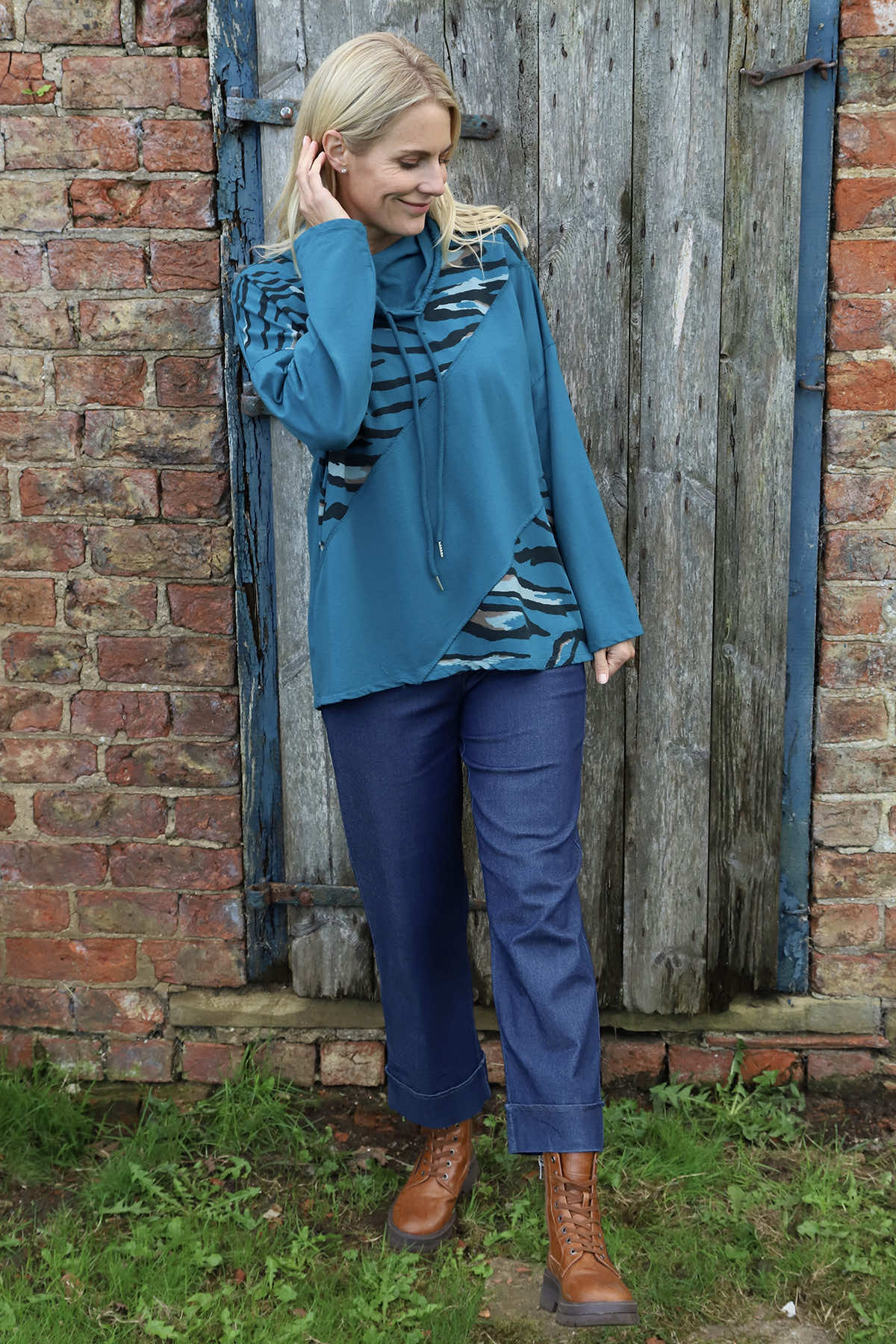 Lydia Cowl Print Cotton Top Teal