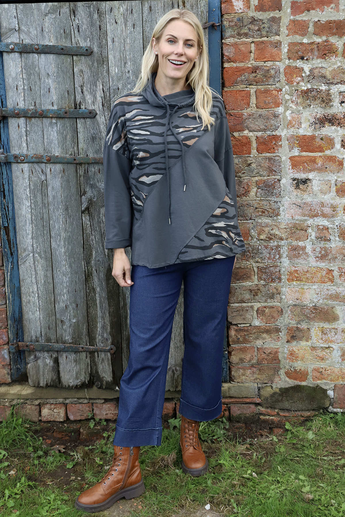 Lydia Cowl Print Cotton Top Charcoal