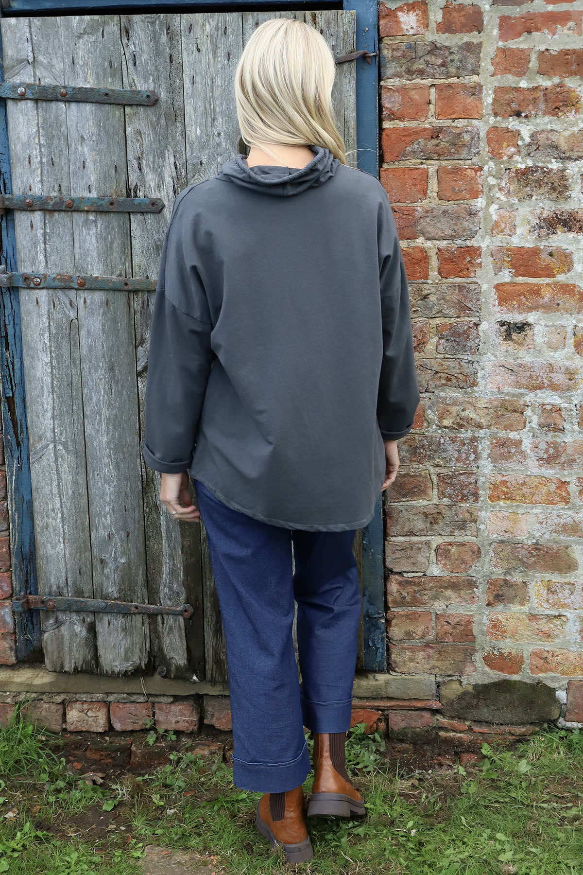 Lydia Cowl Print Cotton Top Charcoal