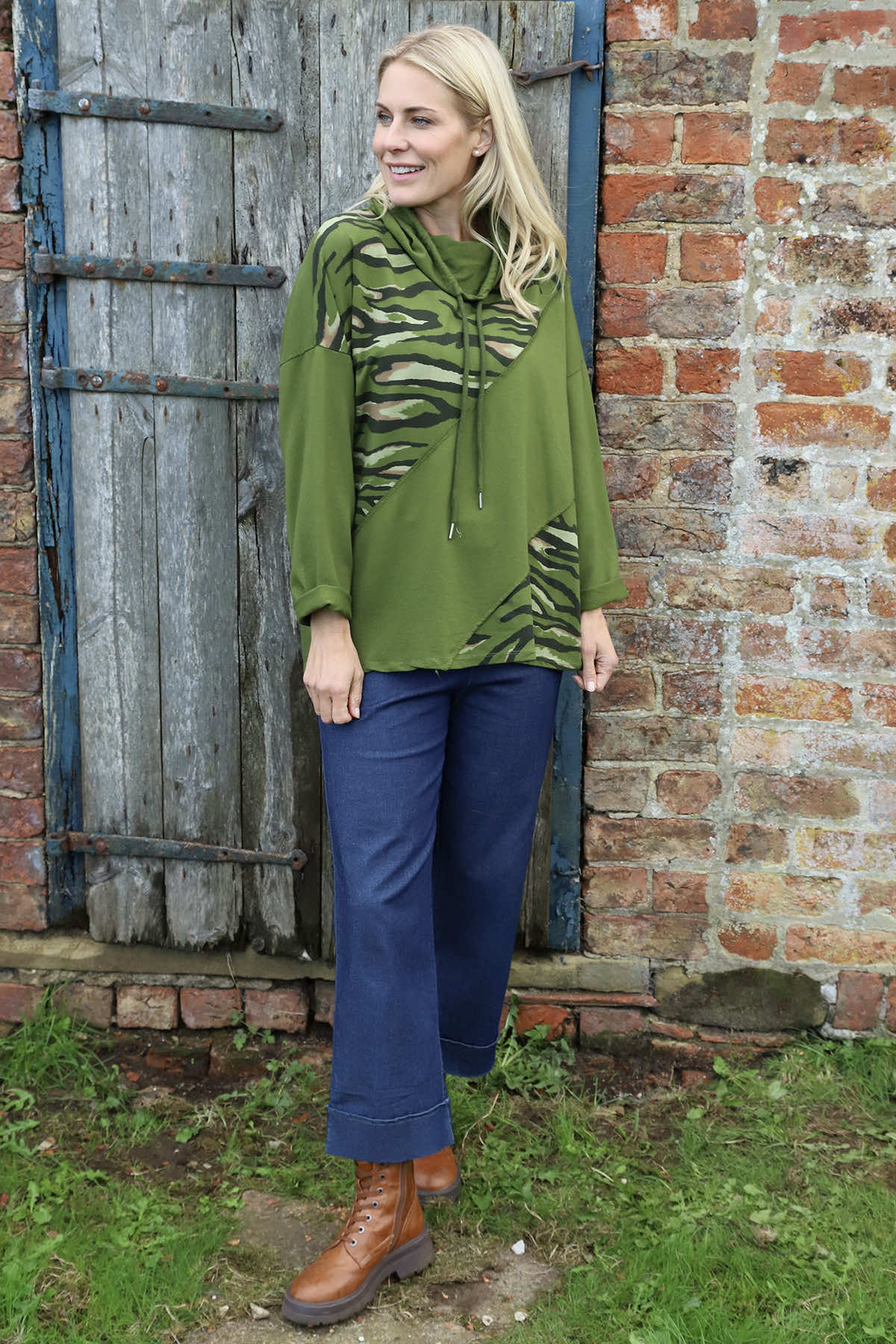 Lydia Cowl Print Cotton Top Olive