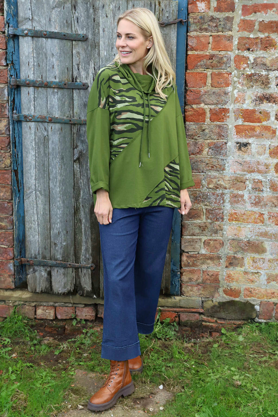 Lydia Cowl Print Cotton Top Olive