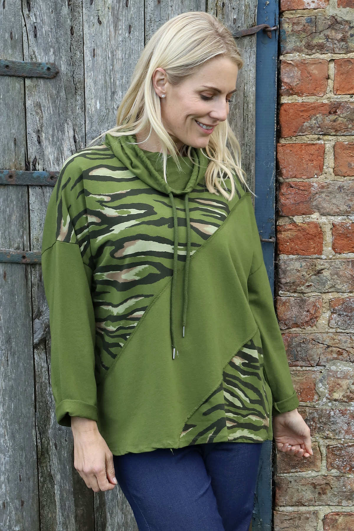 Lydia Cowl Print Cotton Top Olive