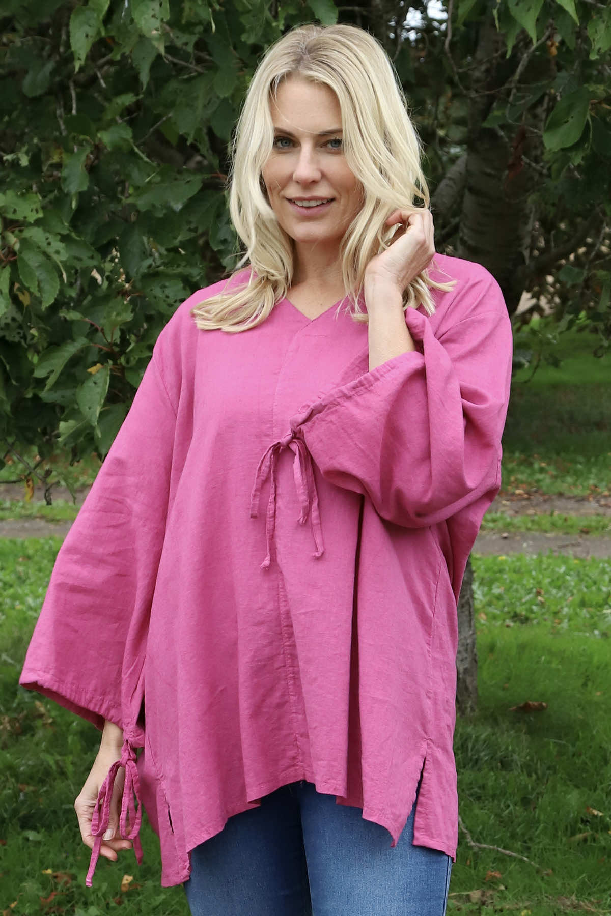 Nulvi V-Neck Linen Top Fuchsia