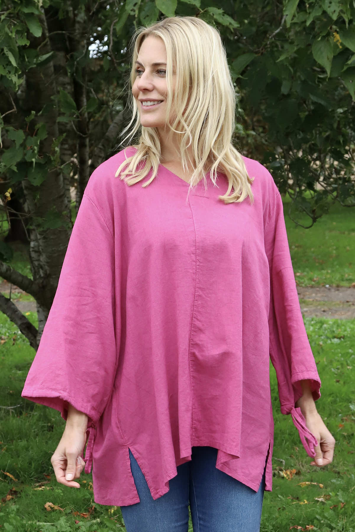 Nulvi V-Neck Linen Top Fuchsia