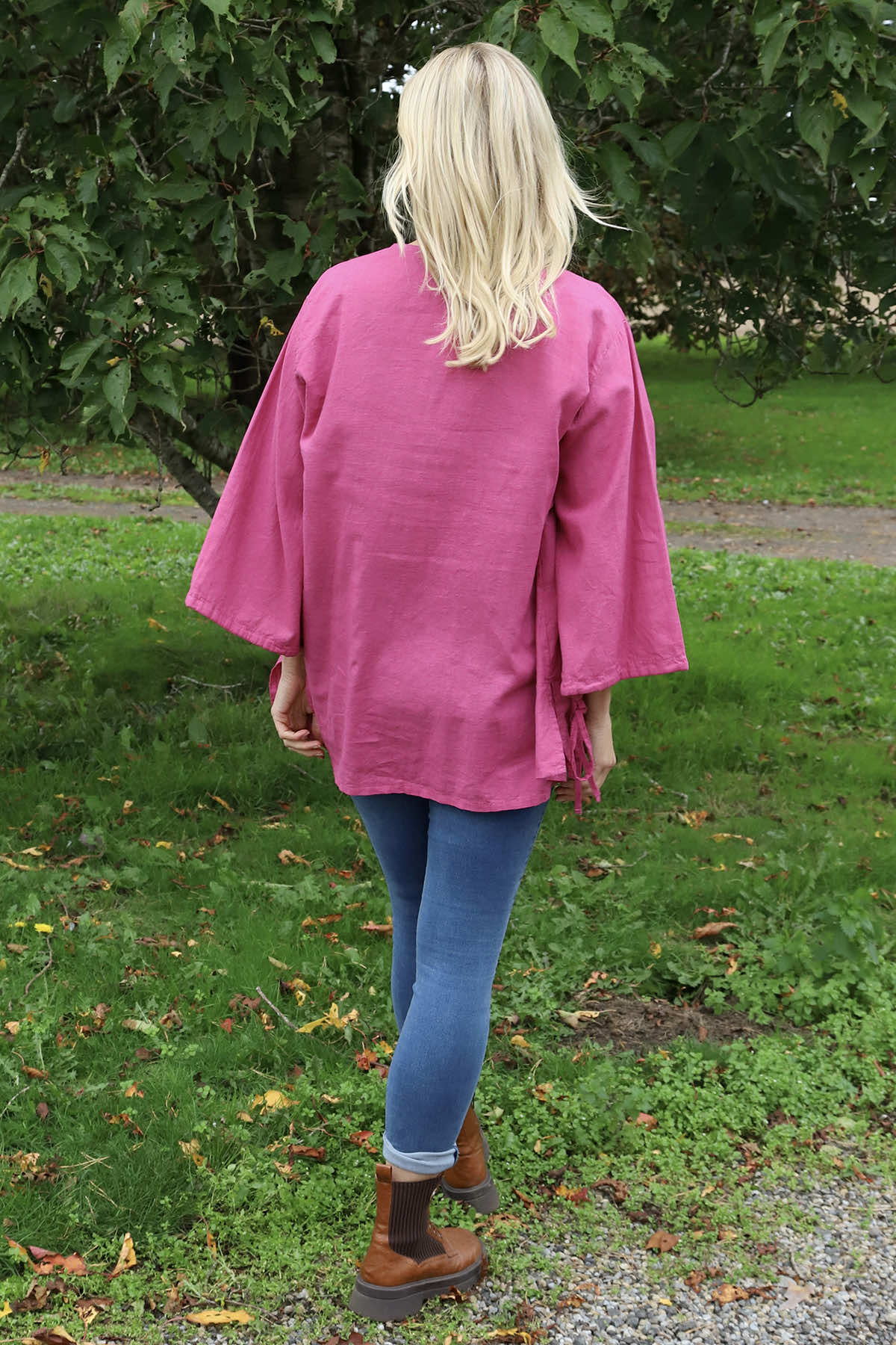 Nulvi V-Neck Linen Top Fuchsia