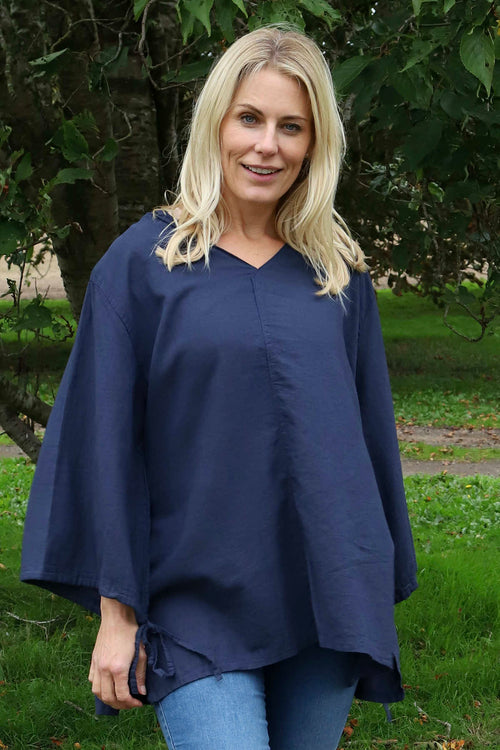 Nulvi V-Neck Linen Top Navy - Image 3
