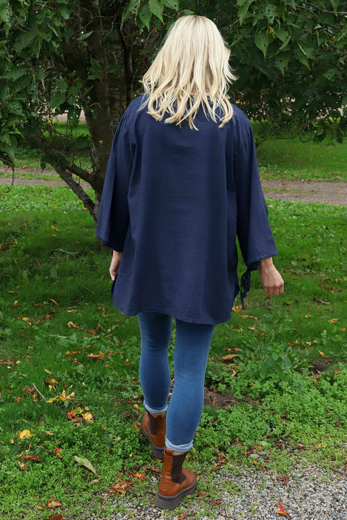 Nulvi V-Neck Linen Top Navy - Image 4