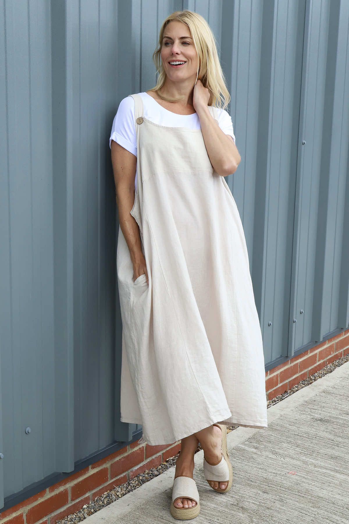 Adina Linen Pinafore Dress Stone
