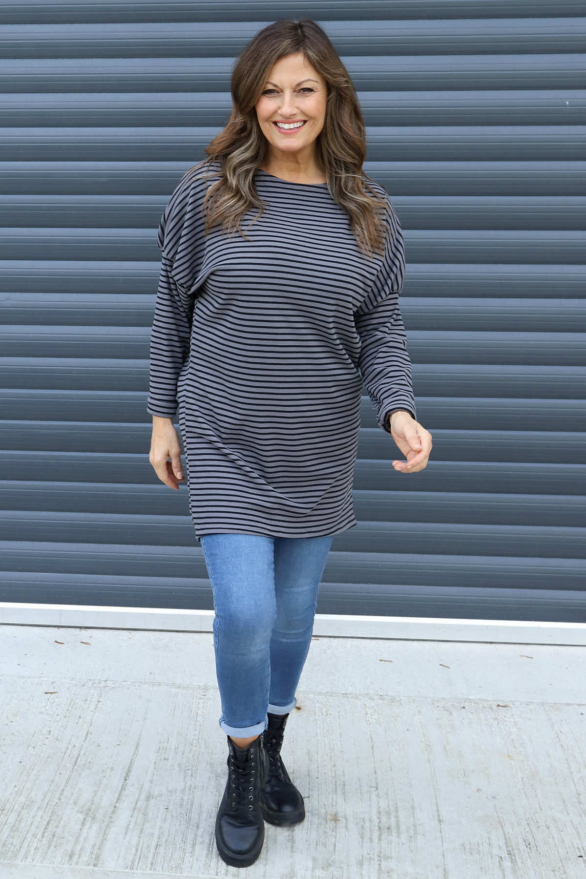 Nessie Stripe Cord Top Mid Grey