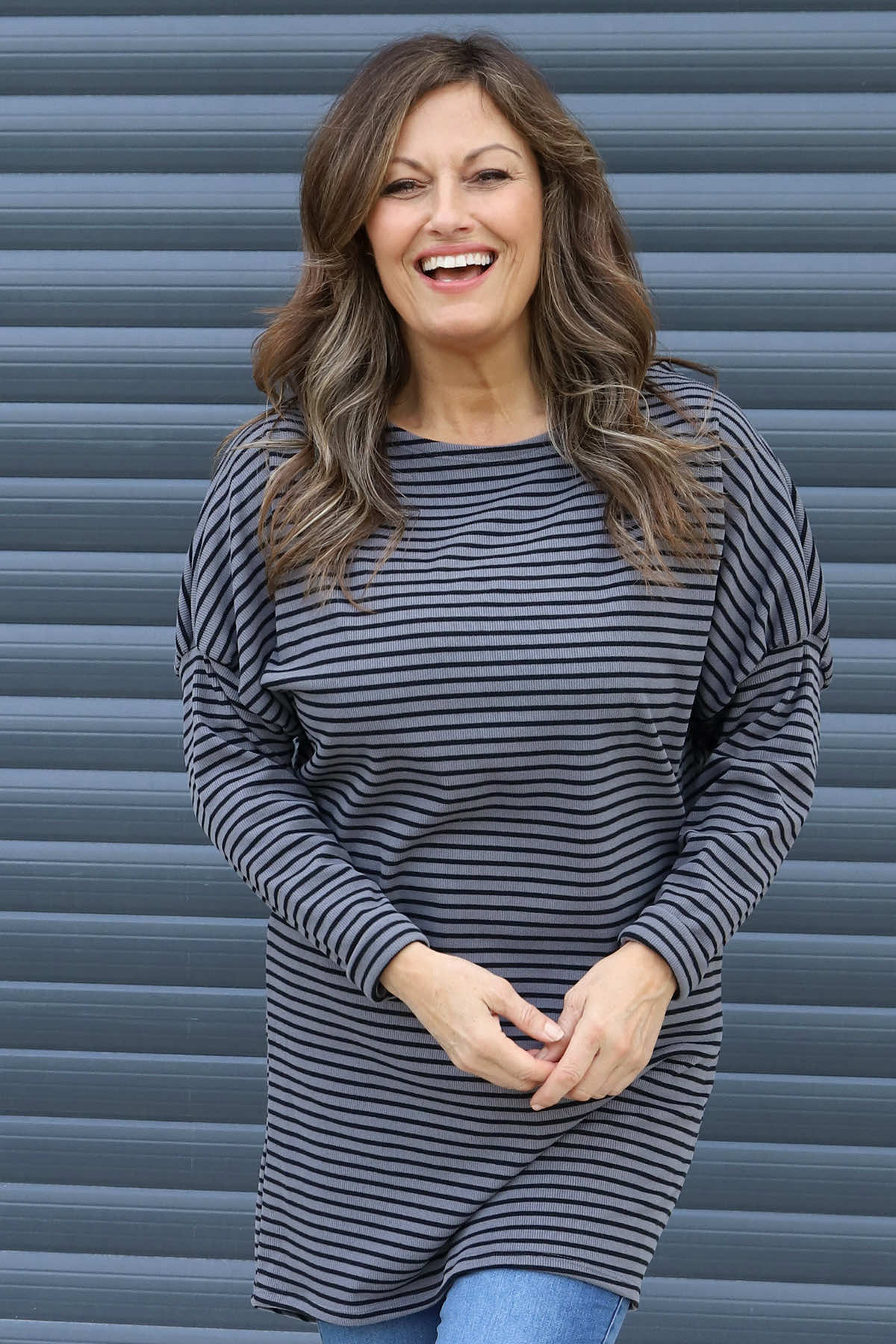 Nessie Stripe Cord Top Mid Grey