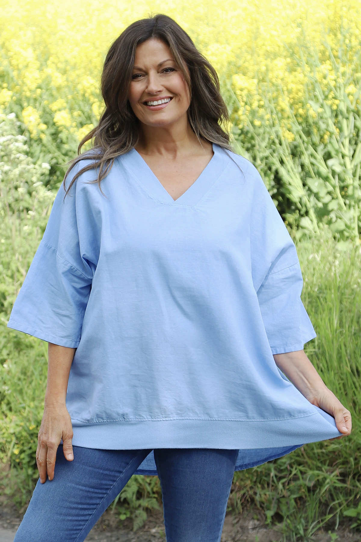 Brittany V-Neck Linen Top Powder Blue
