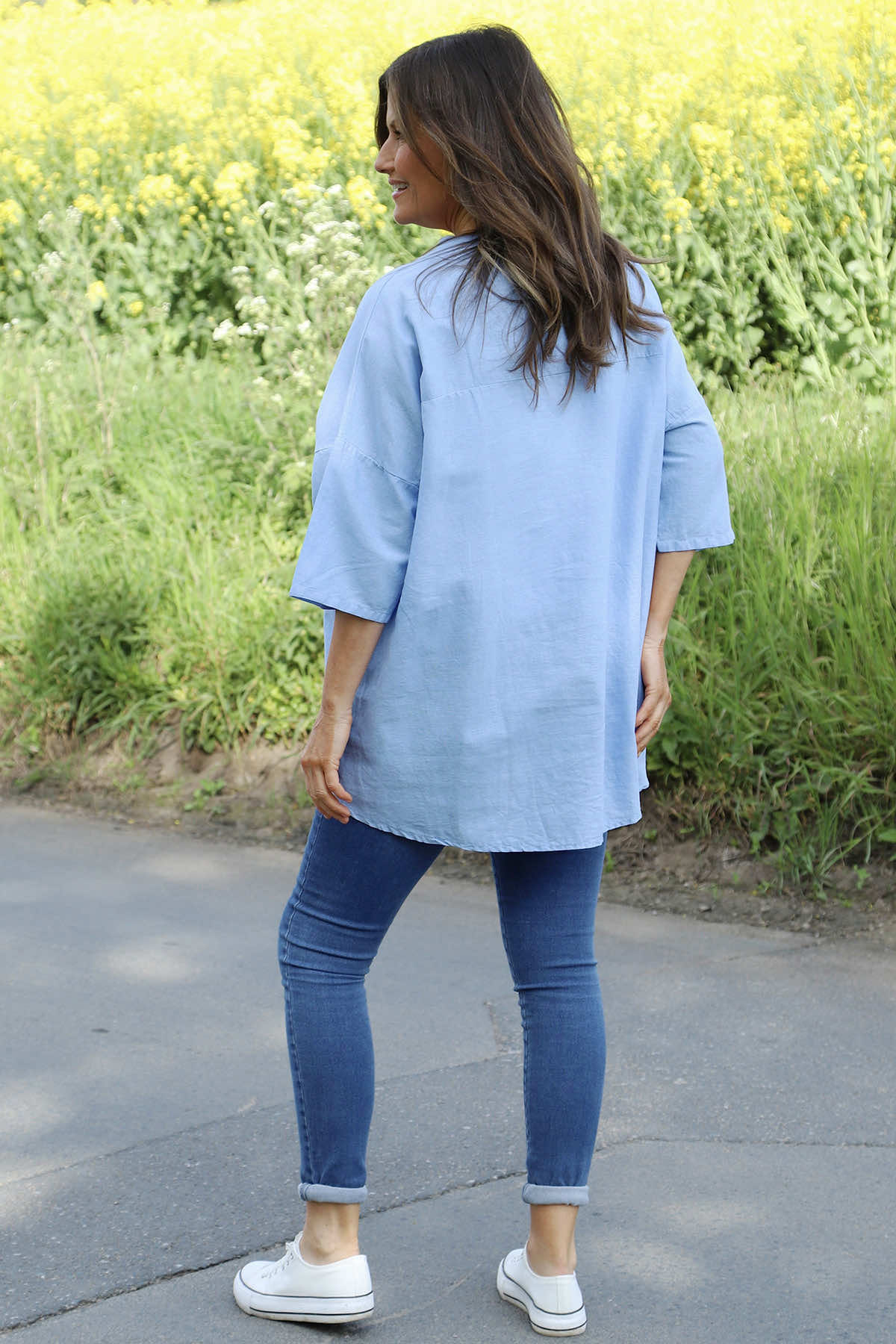Brittany V-Neck Linen Top Powder Blue