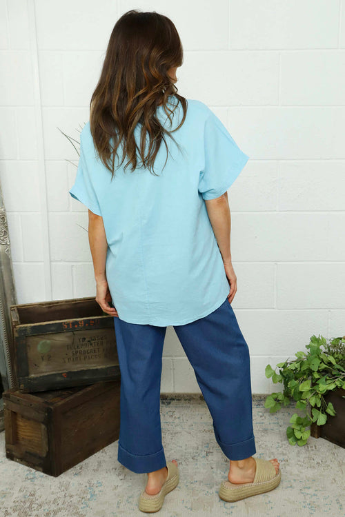 Maxine Flower Patch Linen Top Light Blue - Image 4