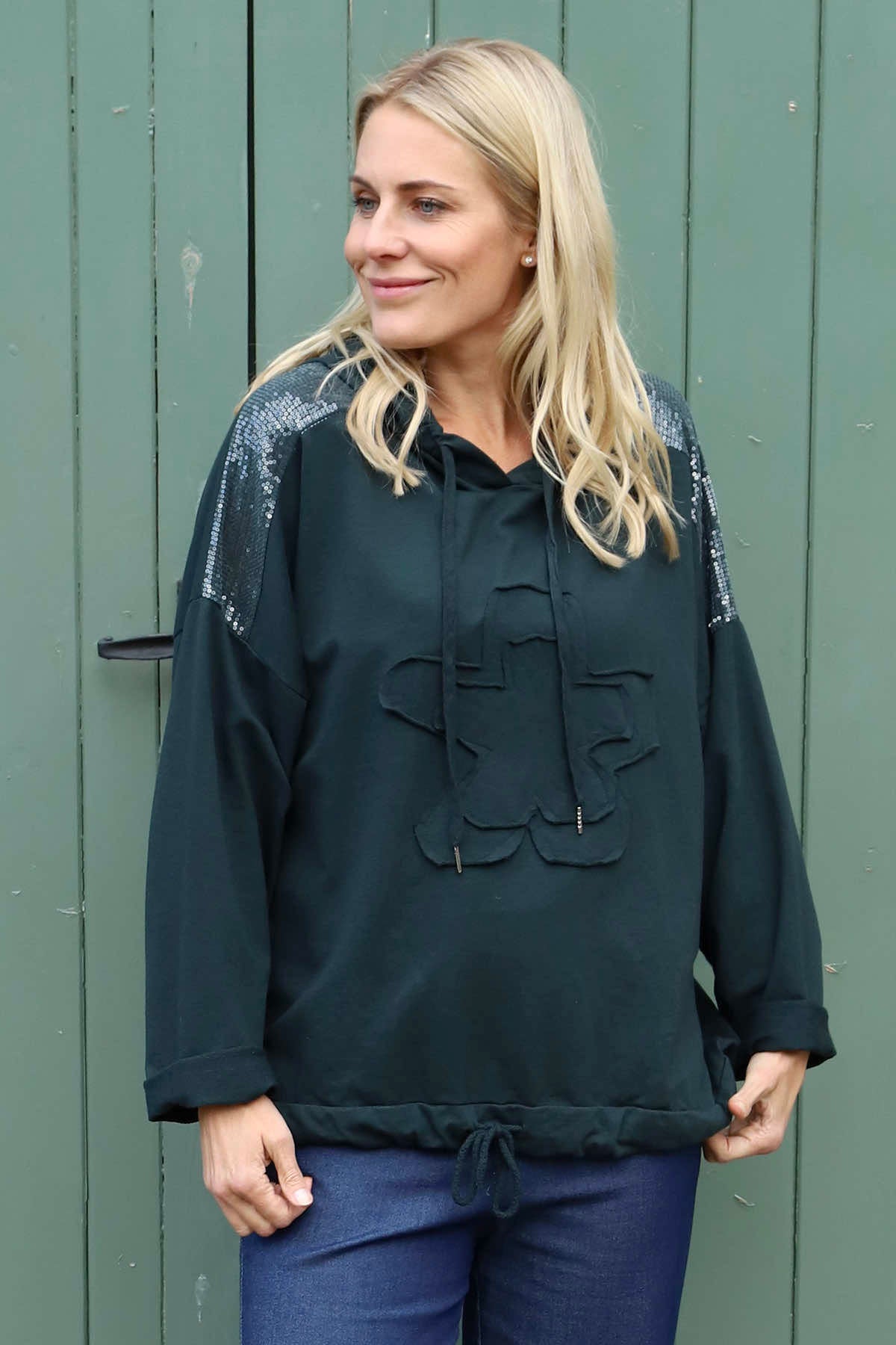 Betsy Flower Patch Hooded Cotton Top Charcoal