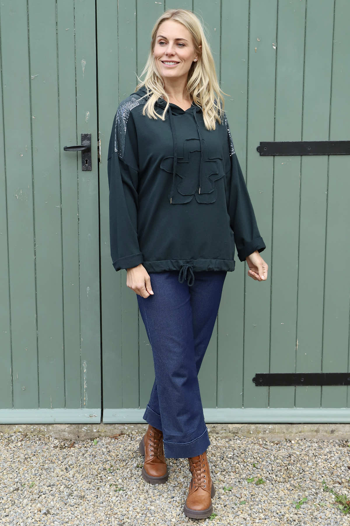 Betsy Flower Patch Hooded Cotton Top Charcoal