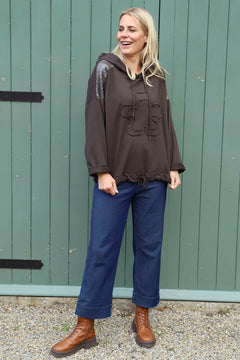 Betsy Flower Patch Hooded Cotton Top Cocoa