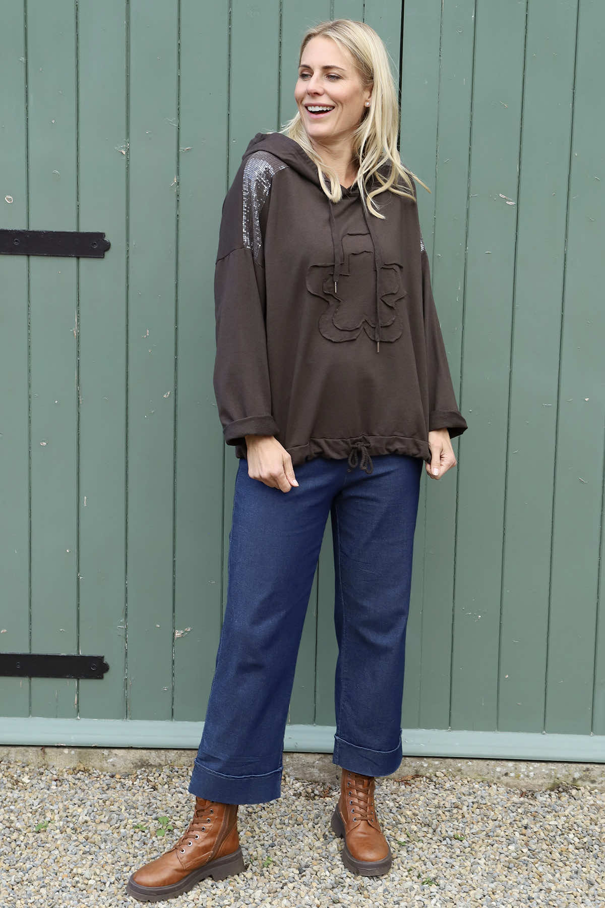 Betsy Flower Patch Hooded Cotton Top Cocoa