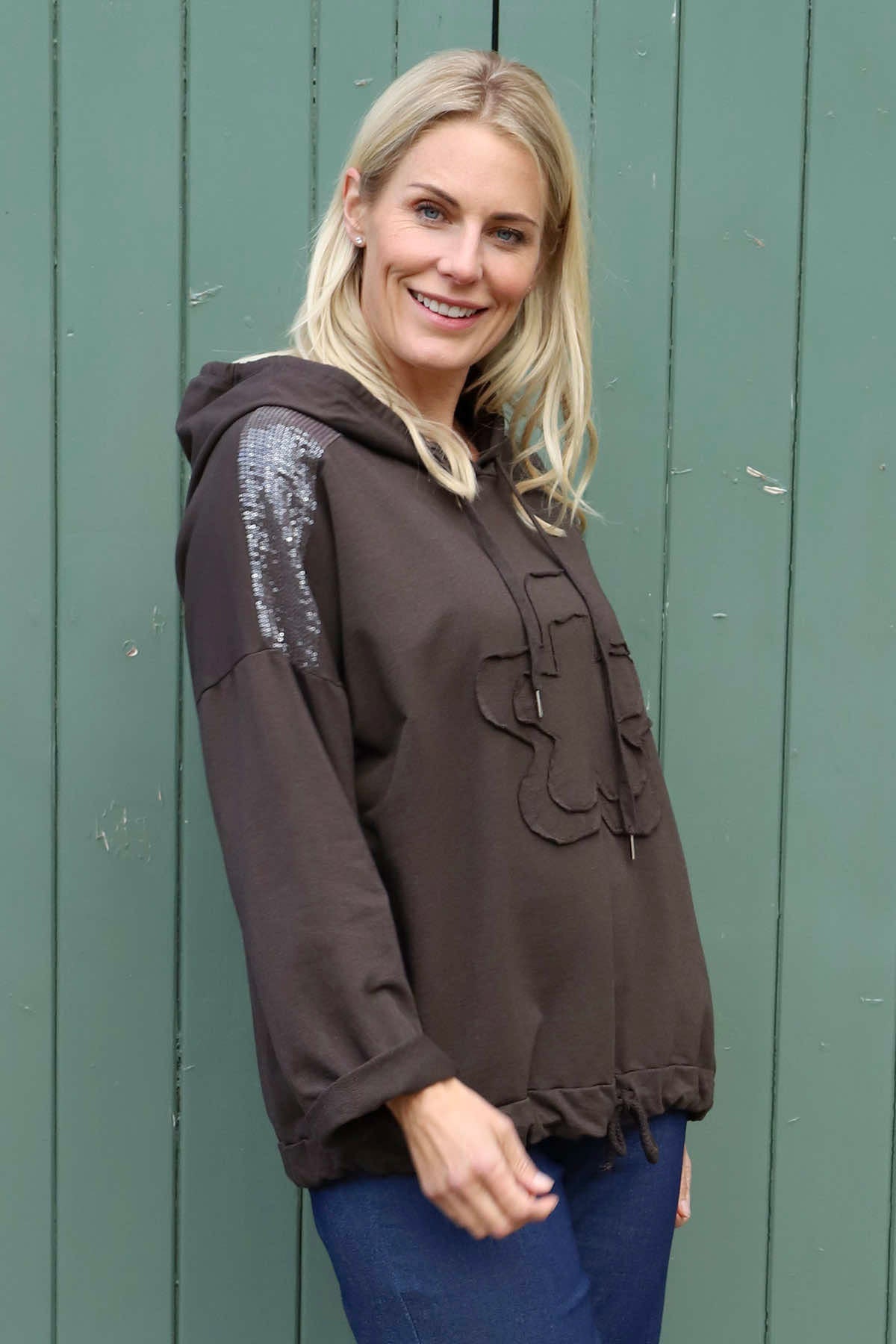Betsy Flower Patch Hooded Cotton Top Cocoa