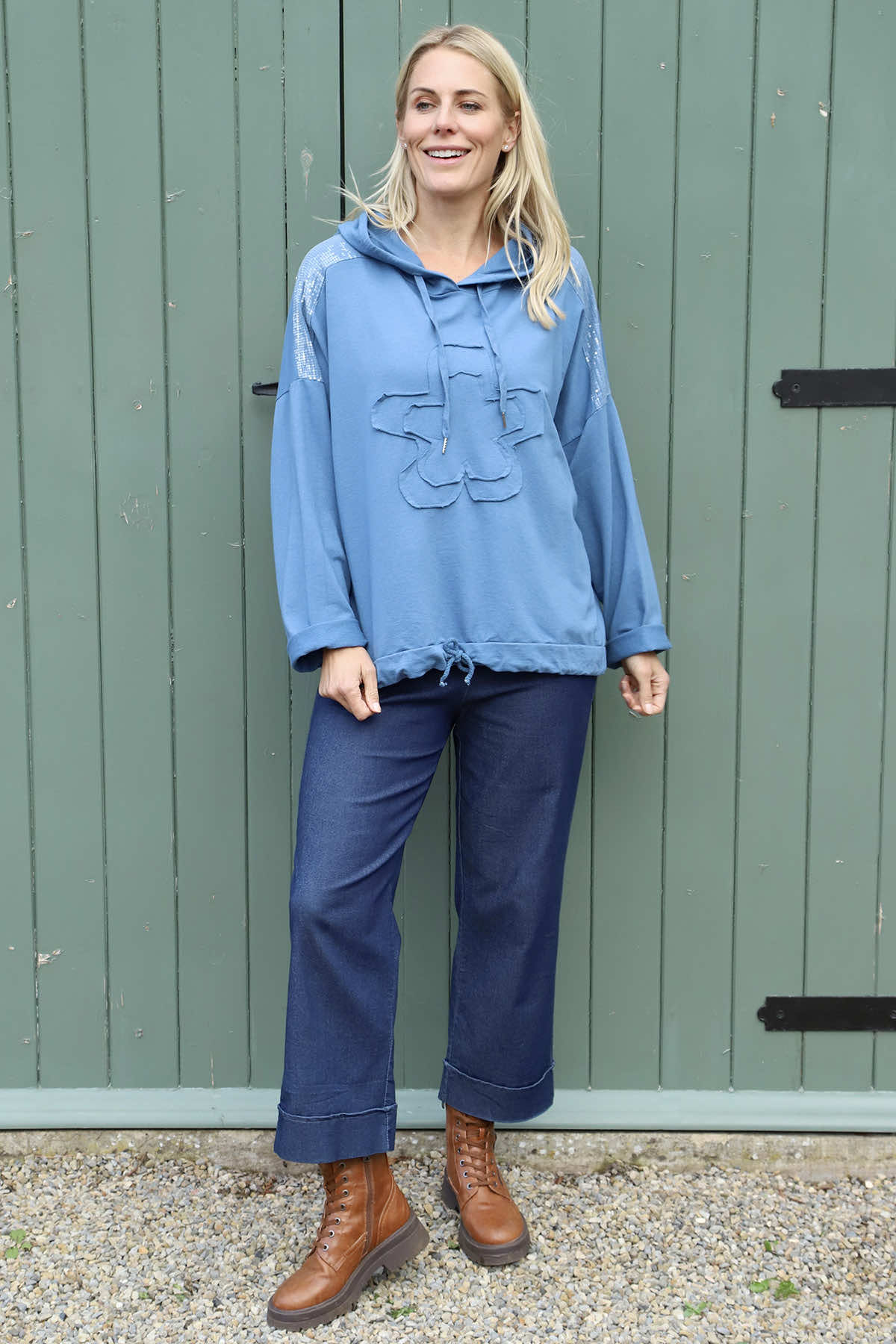 Betsy Flower Patch Hooded Cotton Top Blue