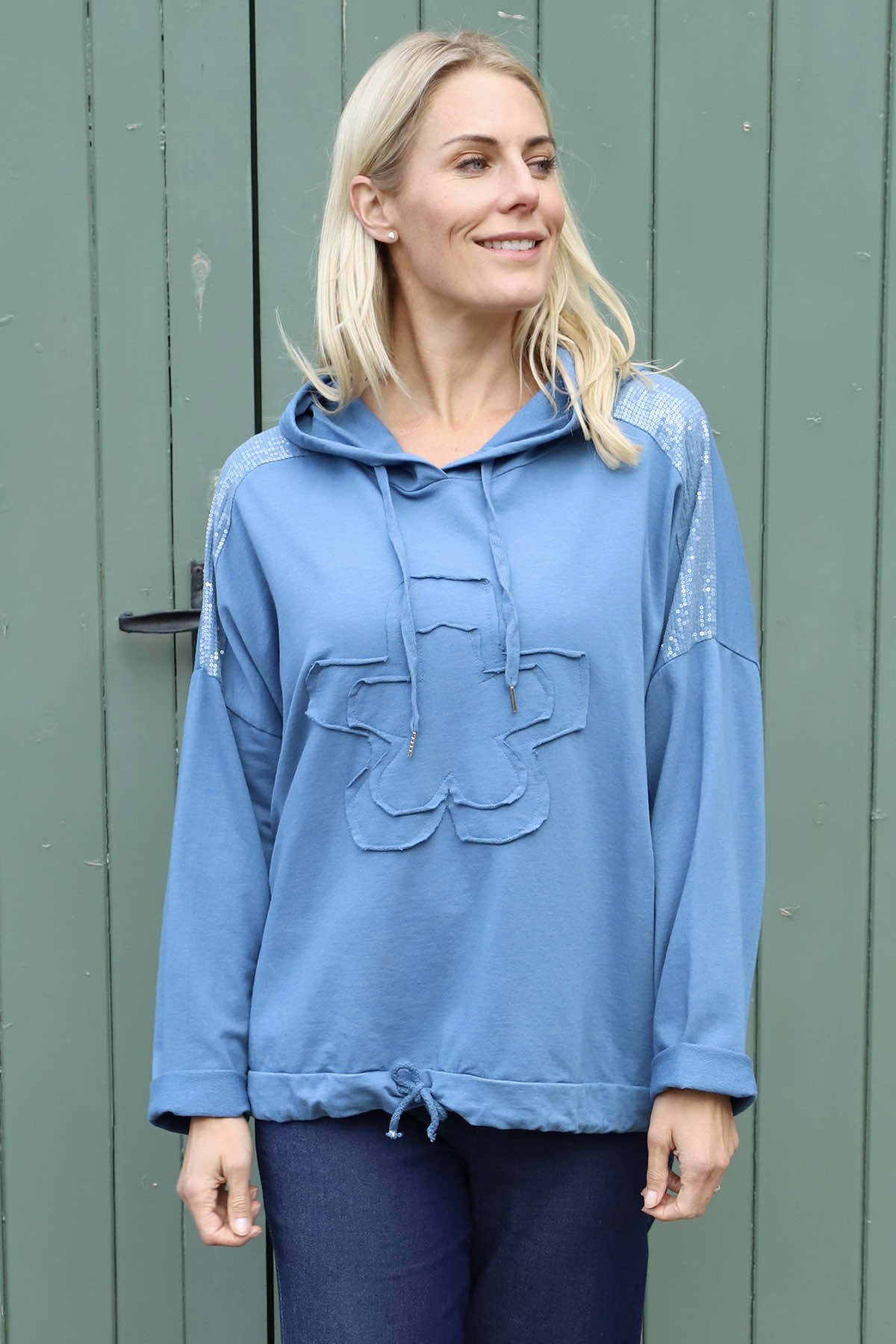 Betsy Flower Patch Hooded Cotton Top Blue