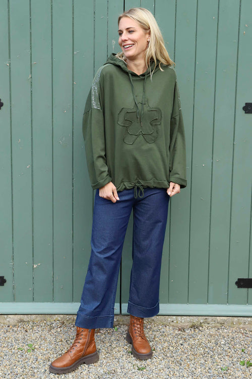 Betsy Flower Patch Hooded Cotton Top Khaki - Image 1