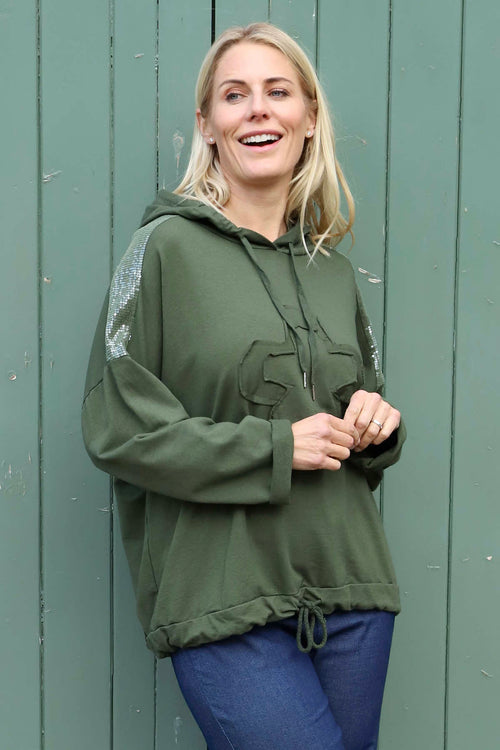 Betsy Flower Patch Hooded Cotton Top Khaki - Image 2