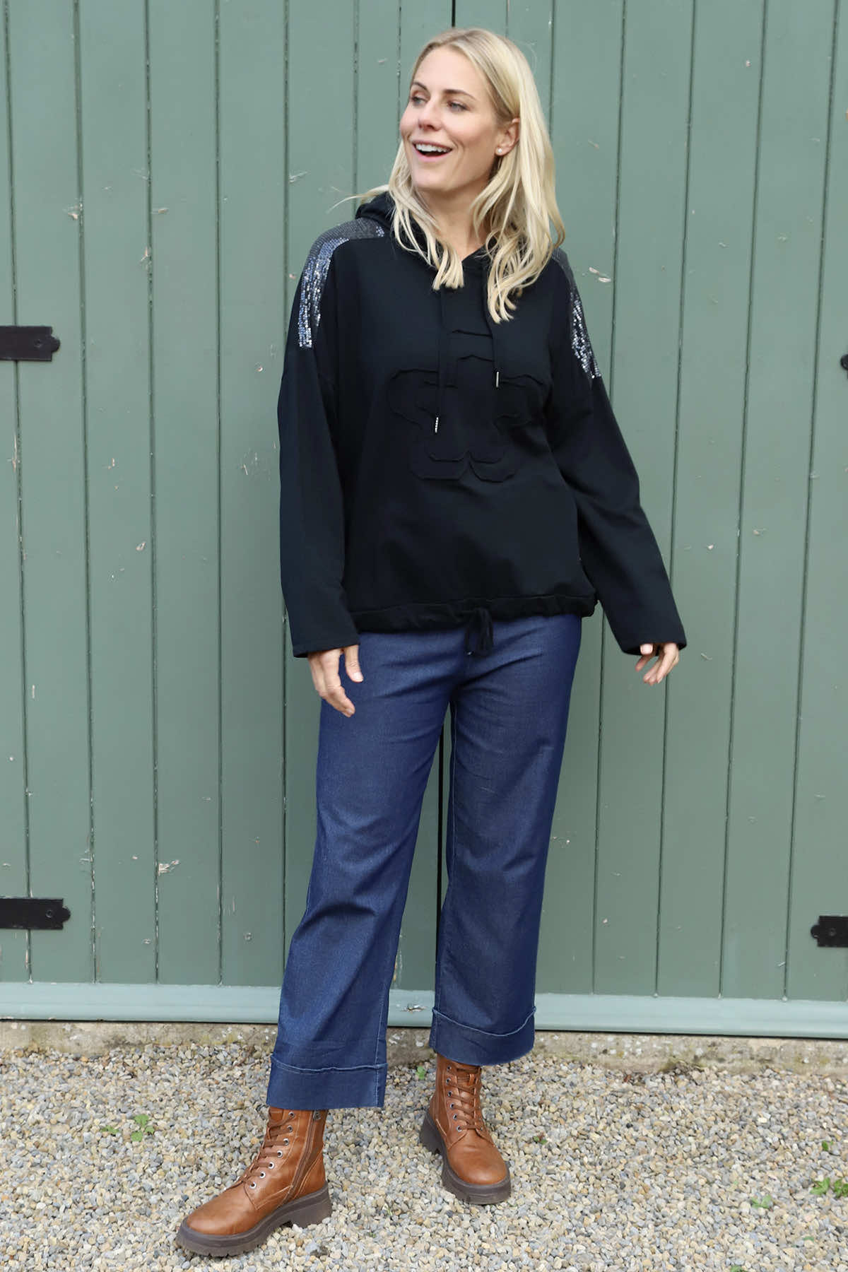 Betsy Flower Patch Hooded Cotton Top Black