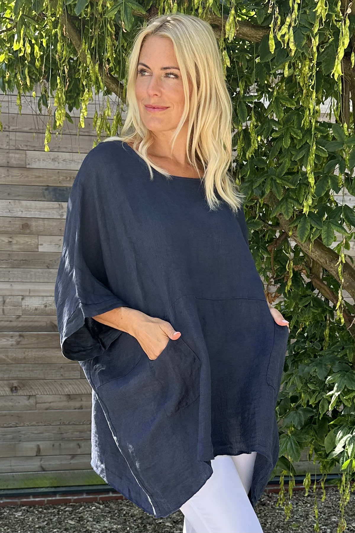 Angela Pocket Linen Top Navy