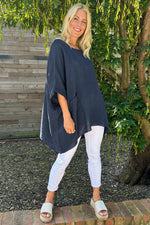 Angela Pocket Linen Top Navy Navy - Angela Pocket Linen Top Navy