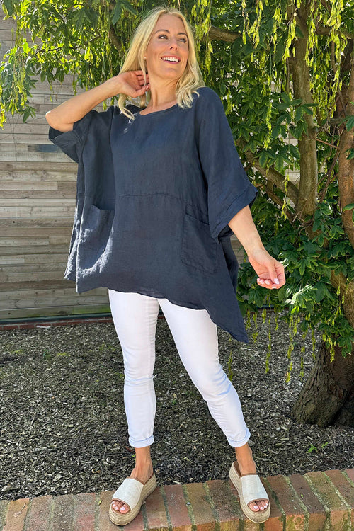 Angela Pocket Linen Top Navy - Image 3