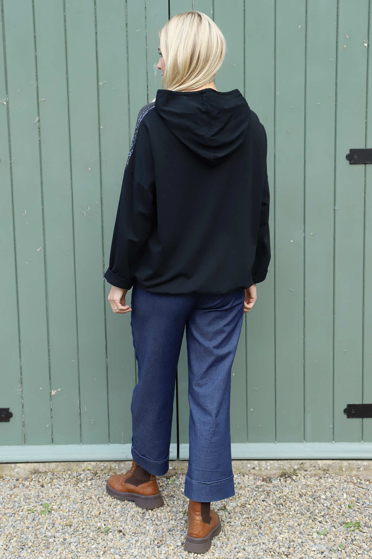 Betsy Flower Patch Hooded Cotton Top Black