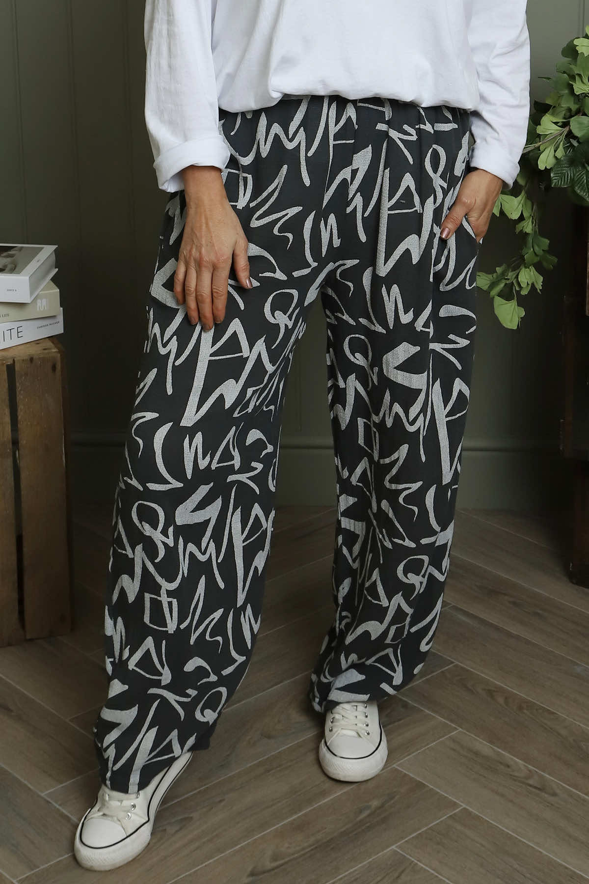 Nina Print Cotton Trousers Charcoal