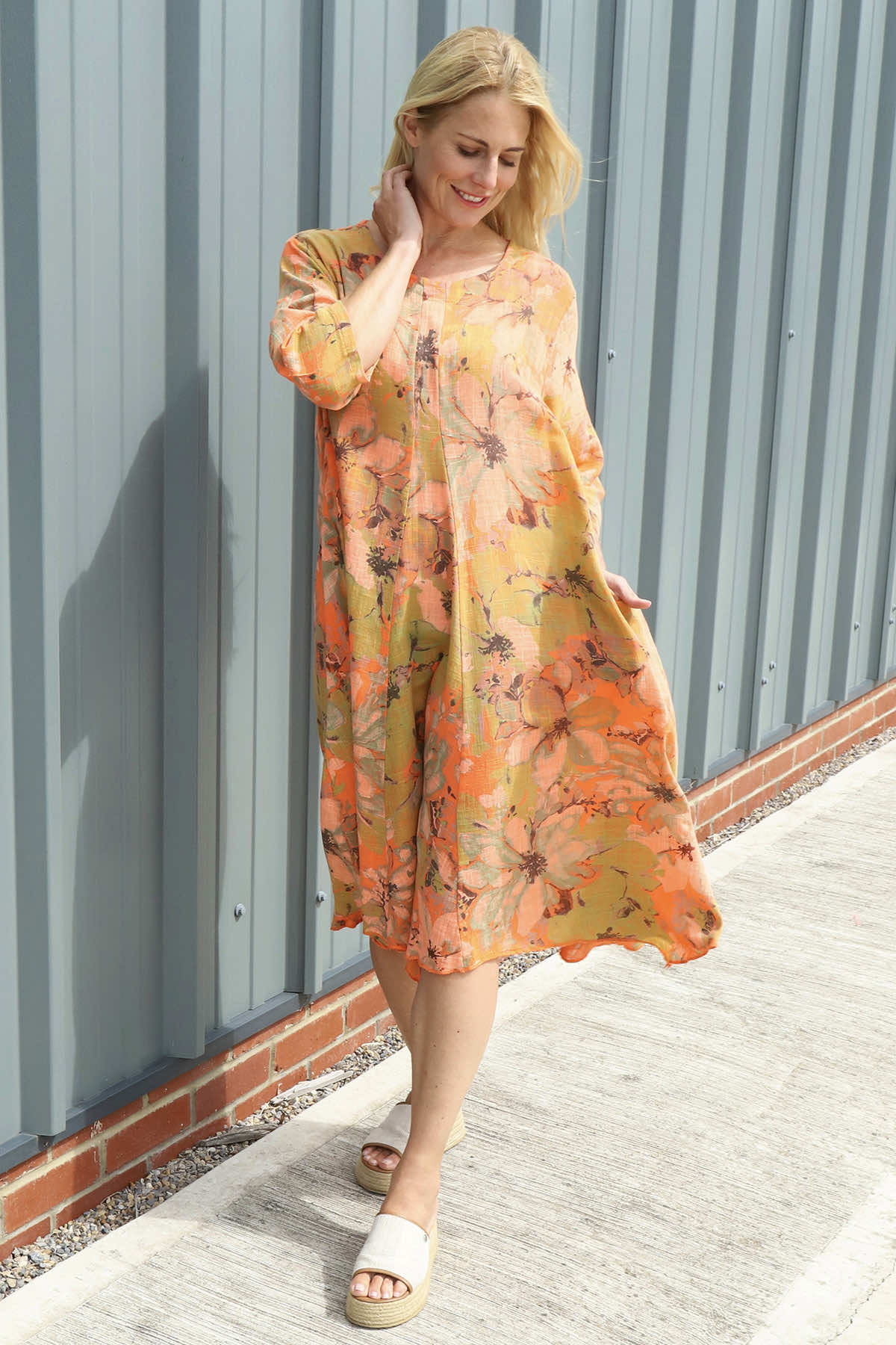 Eleni Print Linen Dress Orange