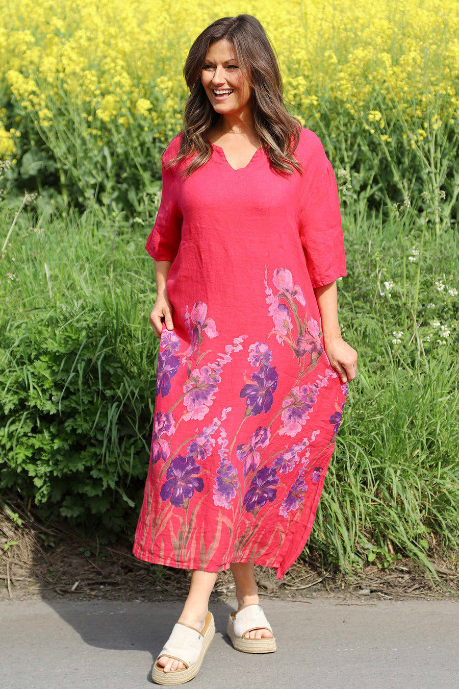 Lyla Floral Linen Dress Hot Pink