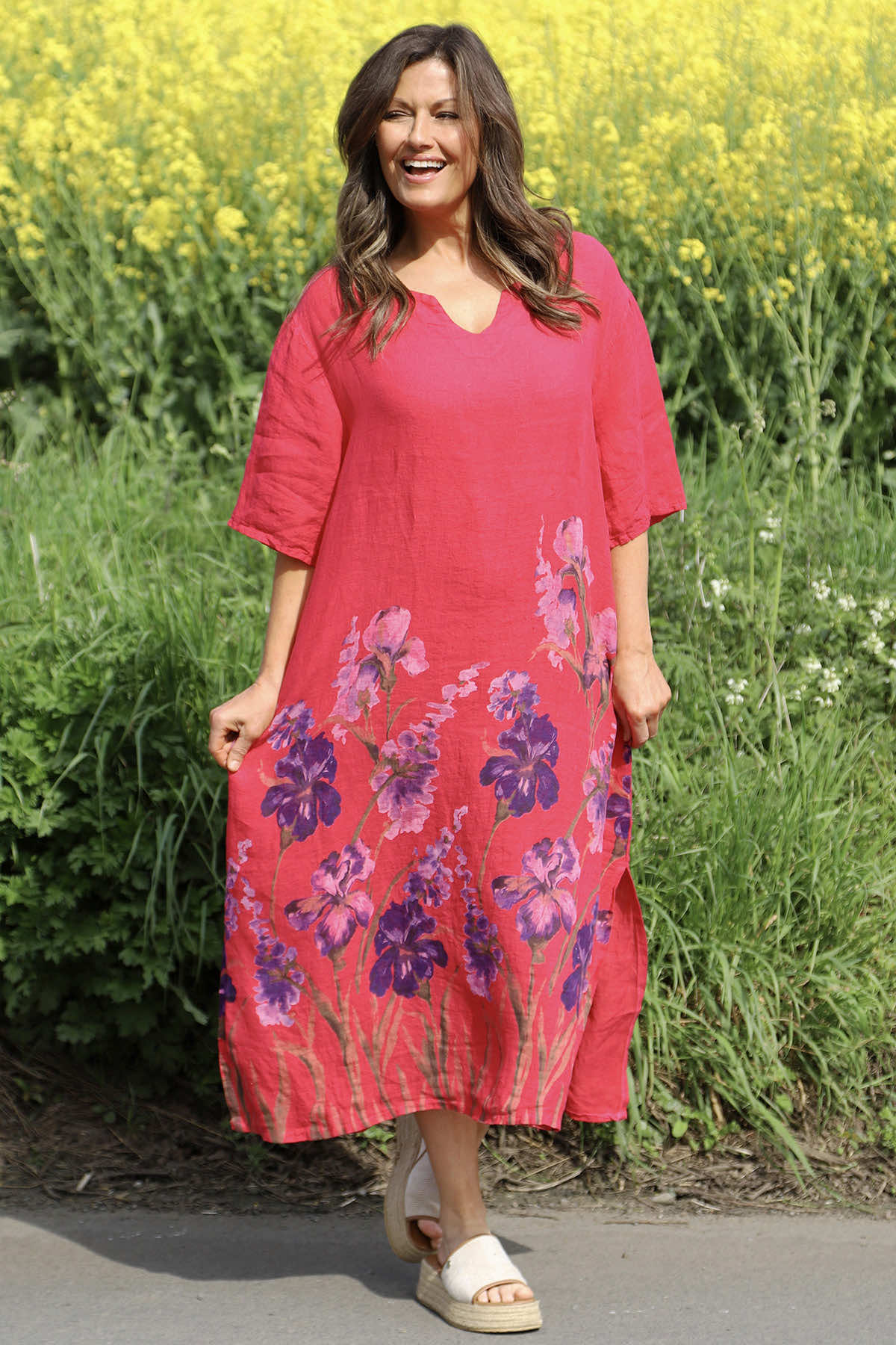 Lyla Floral Linen Dress Hot Pink